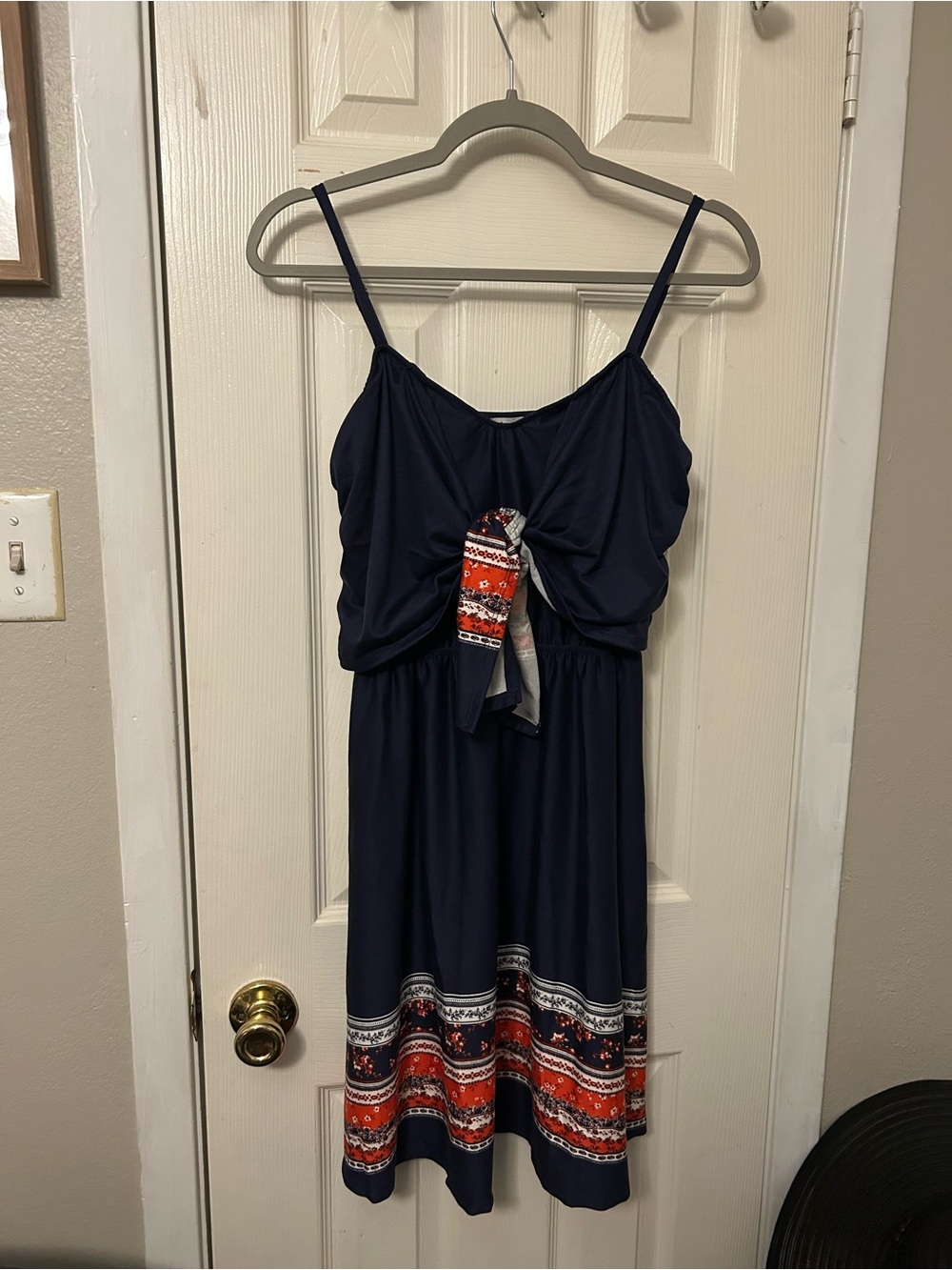 white birch Navy Girls' Spaghetti Strap Dress with Red and White Trim